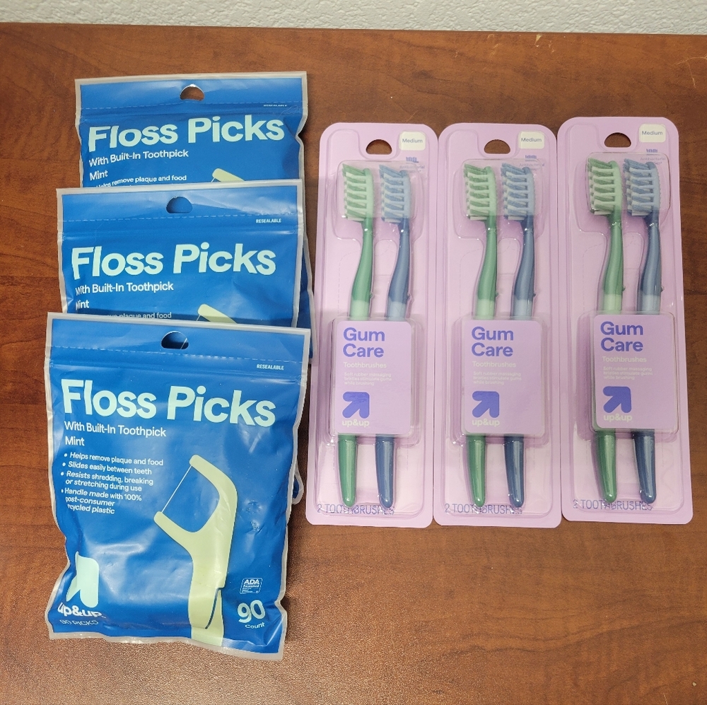 Up & Up 3 Bag Of 90 Count Floss Picks and 3 2 Packs Of Toothbrush Set